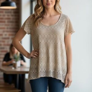 BRITTANY BLACK Lace Overlay Tunic Top, Women’s M, Beige